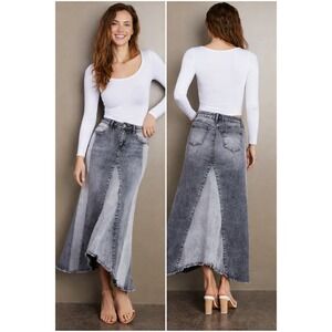 Wash Lab Selma Pieced Maxi Skirt Denim Black Size 29 Distressed Grunge Edgy‎